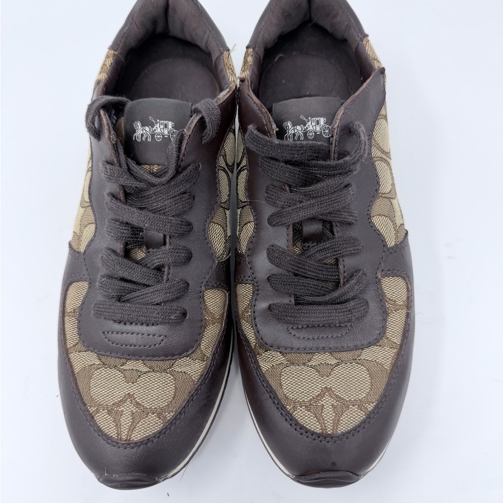 Coach Farrah Signature Jacquard Brown and Tan Lace-Up Sneakers size 8,5 - Picture 2 of 9
